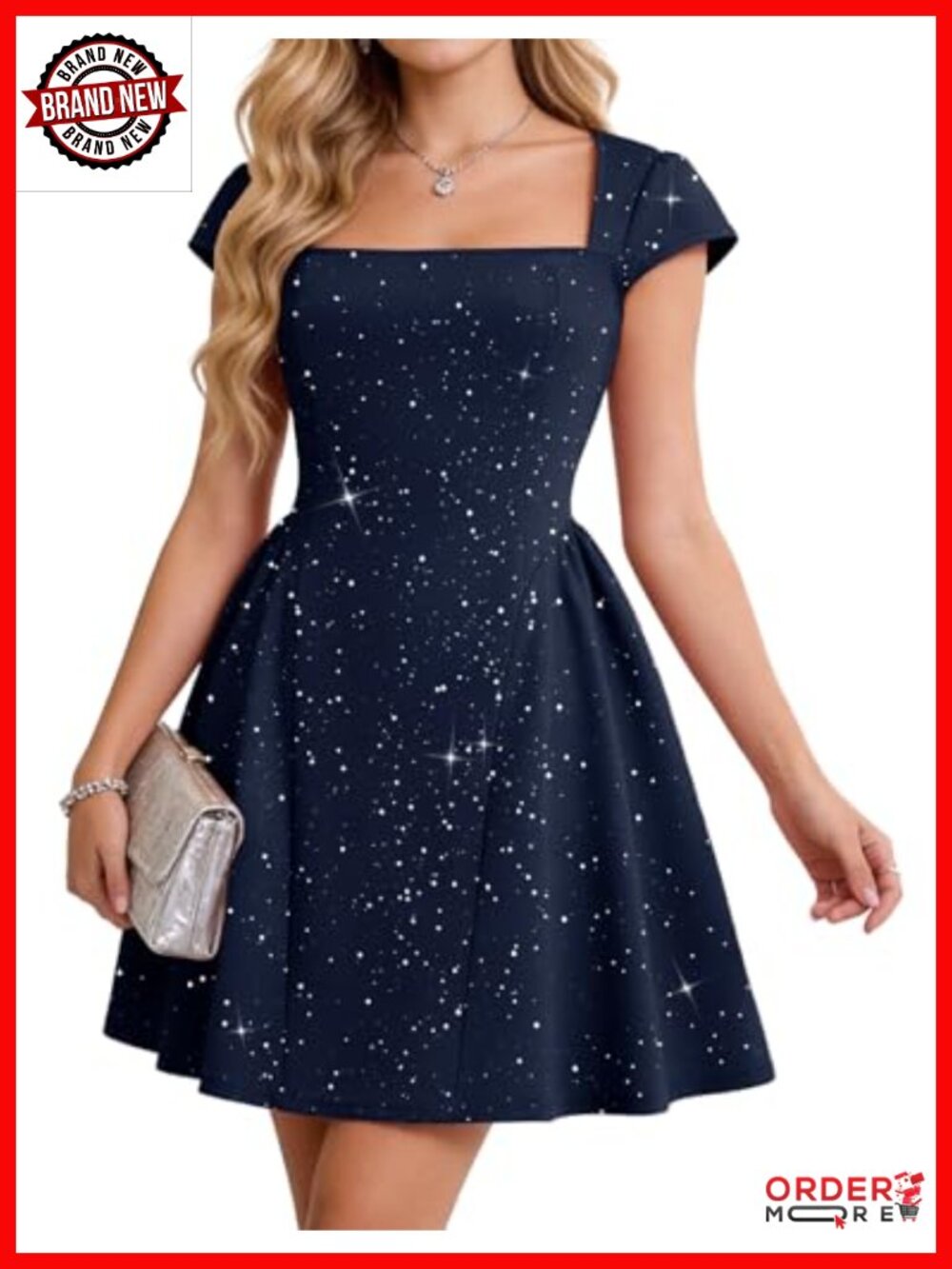 Ladies Sequin Cap Sleeve Square Neck A-Line Mini Party Dress